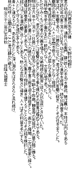 山内勝成先生の碑　　　（大野村柏野）
君の幼名は恵三郎、通称八右衛門、諱（故人の本名）を勝成、號は巍山、本姓は山内氏である
文政元年戌寅三月十八日生。幼少の頃から漢学を修得し、詩文が得意であった。
家は代々官職であり、川勝氏に仕えた。君は又その代官職に就き、よくその任を全うした。
職務の余暇には、人々に学問を教え、怠ることなく継続し、
入門者は百余名の多きに上った。その盛んなる事以て知るべし。
当時学問を学ぶ事がまだ一般的でなく、文盲の地であった。
ただやみくもに忠孝の大義を唱え、兄弟相続の風習に従うのが当然とされていた。
しかしながら、君の治める下には聖賢のきざしある者も現れその恩恵は極めて大である。
明治廿六年十二月十一日病により自宅にて逝去。年齢七十四歳。観音寺の先祖代々の墓の隣に葬る。
野村氏より嫁いだ妻には三人の娘がいる。養子恵三郎を迎え後継ぎとし、長女と婚姻、二女は他家に嫁ぐ。
遺稿は数巻家に蔵書してある。門人たちが集まり相談し碑を建てることとなりその銘を検討した。
銘には「心を潜め職に尽くす」とある。熱心な志が賢さに導き、人々はその利益を手にする。
人として守るべき道が全てである。
青々と連なる山々、あおあおとした深い淵の水はさらさらと流れ続け、
桃の花咲く谷間の奥、ここに君は静かに眠る。
　　　明治三十二年己亥仲秋　　　　　　　　但陰九拙居士
